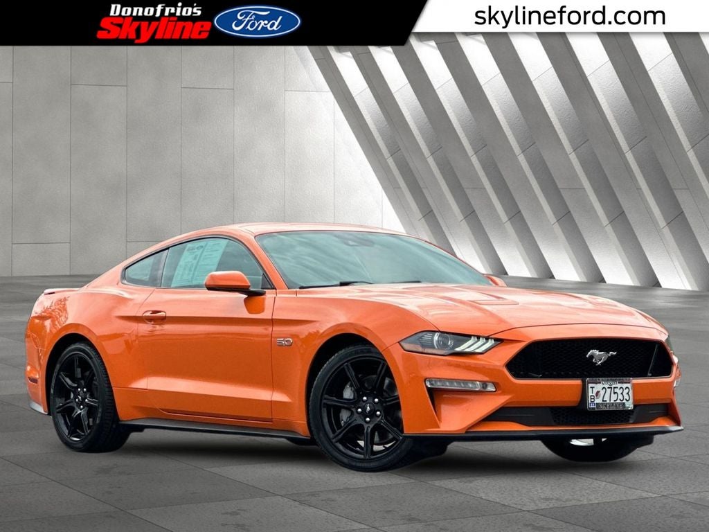 2021 Ford Mustang GT Premium in Orange — front three-quarter view