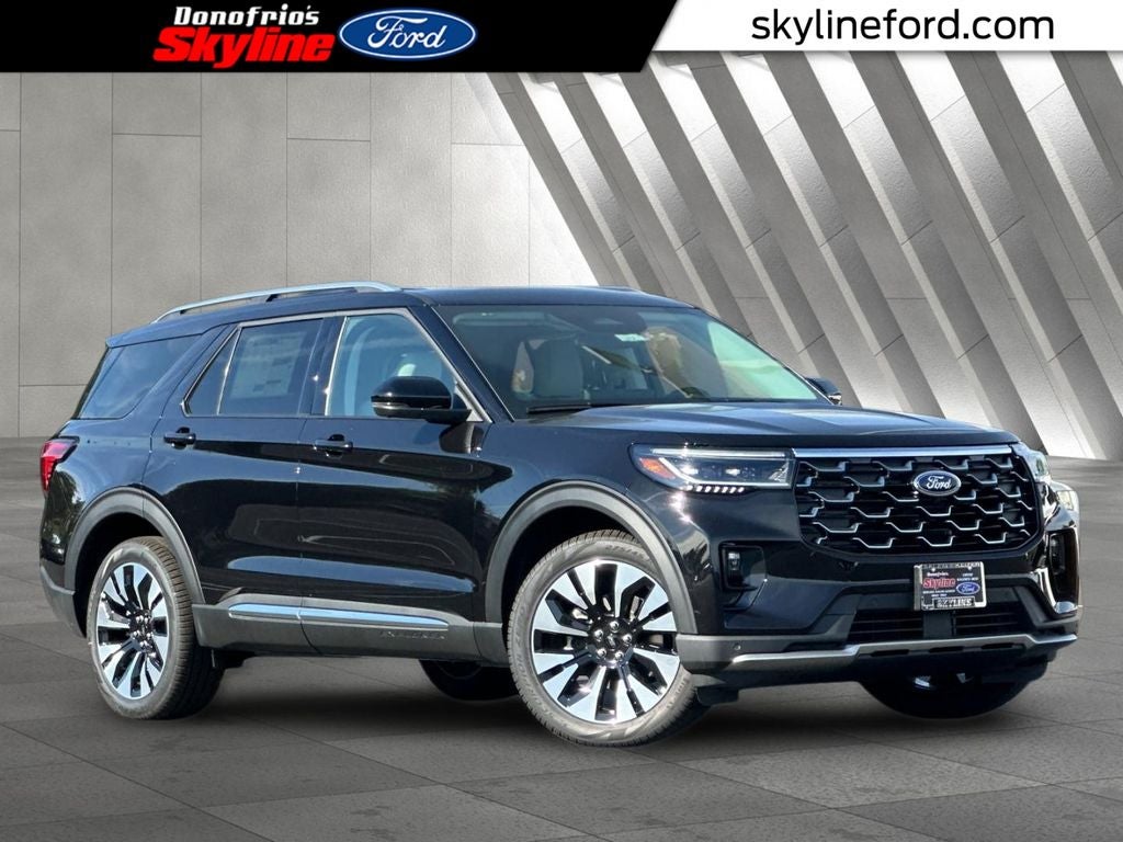 2026 Ford Explorer Platinum in Agate Black Metallic — front three-quarter view