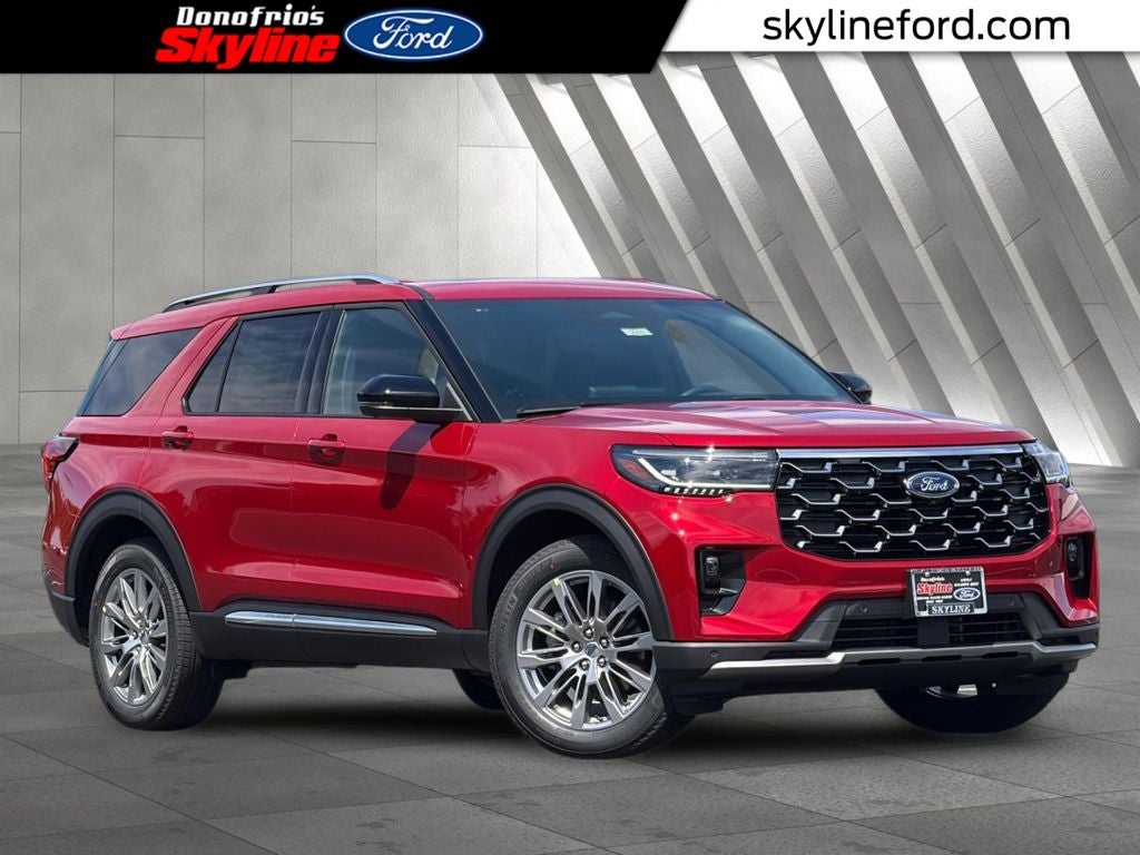 2026 Ford Explorer Platinum in Rapid Red Metallic Tinted Clearcoat — front three-quarter view
