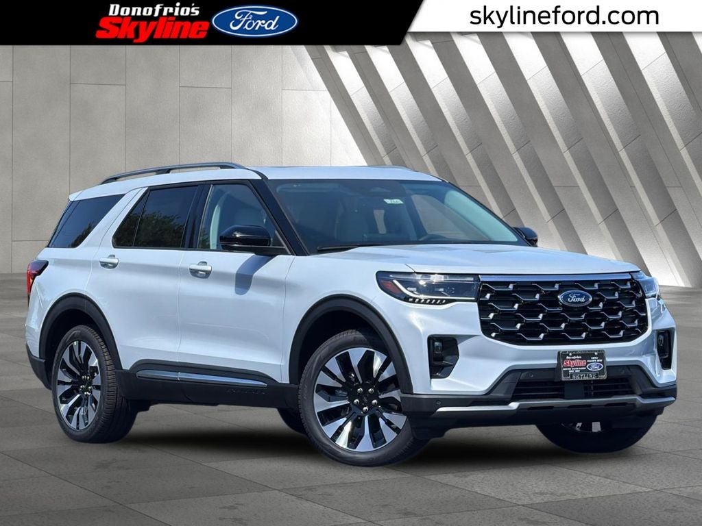 2026 Ford Explorer Platinum in Space White Metallic — front three-quarter view