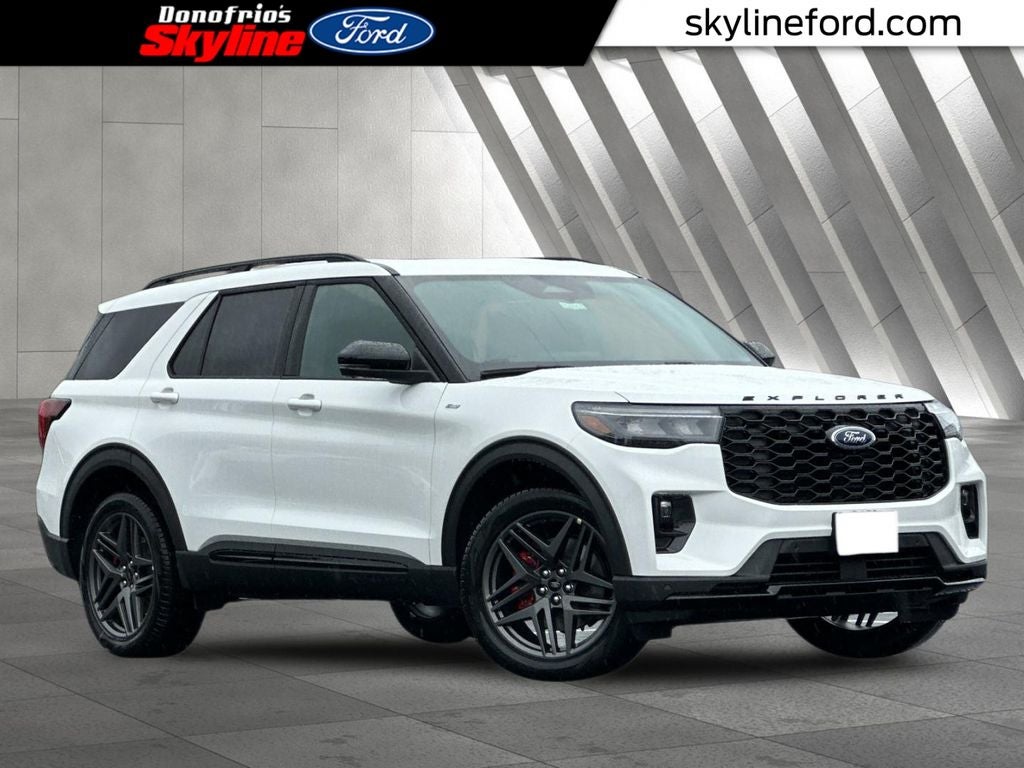 2026 Ford Explorer ST-Line in Star White Metallic Tri-Coat — front three-quarter view