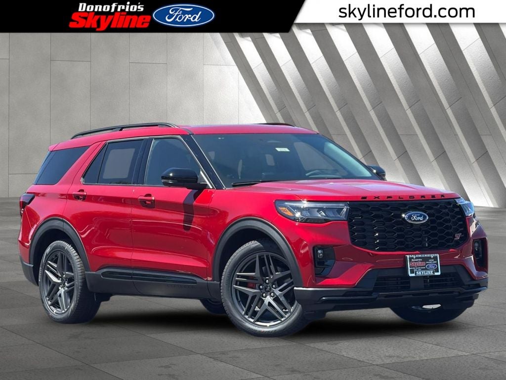 2026 Ford Explorer ST in Rapid Red Metallic Tinted Clearcoat — front three-quarter view