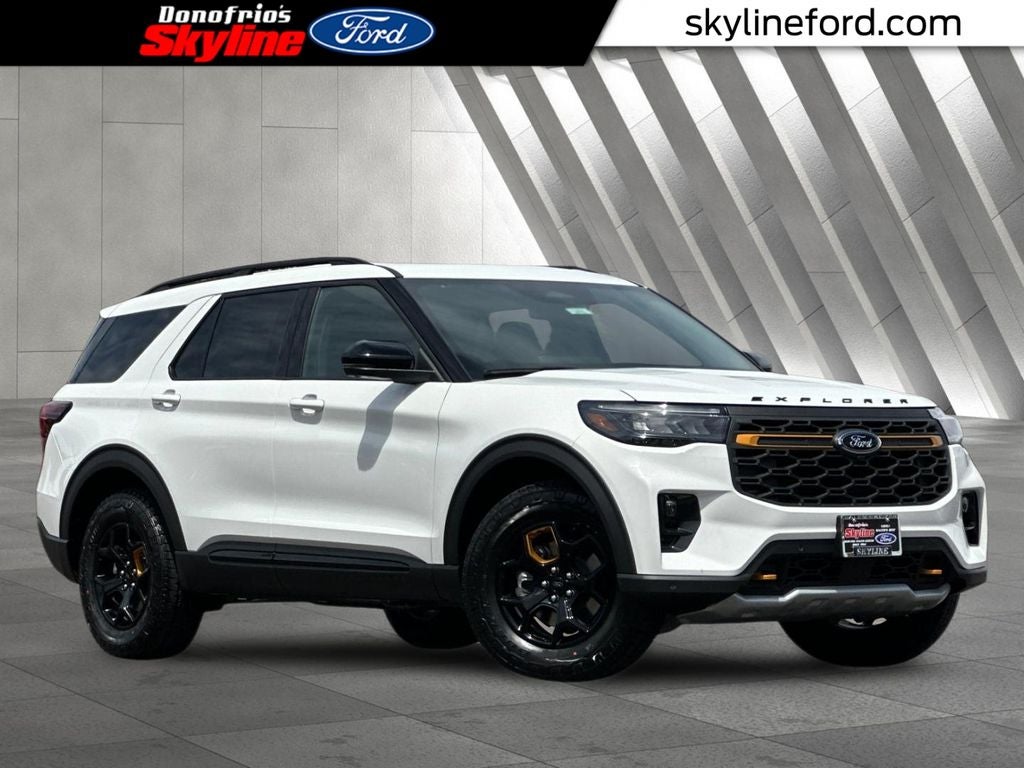 2026 Ford Explorer Tremor in Star White Metallic Tri-Coat — front three-quarter view