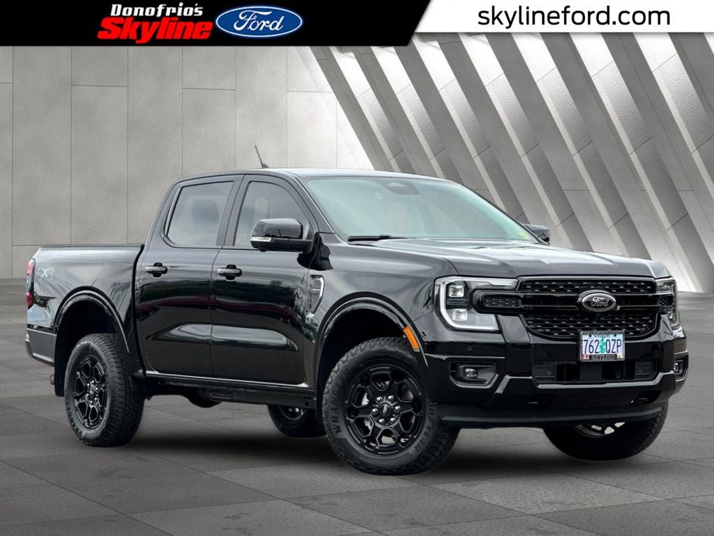 2025 Ford Ranger Lariat in Shadow Black — front three-quarter view
