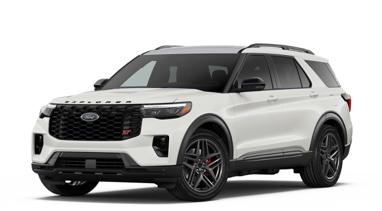 2026 Ford Explorer ST in Star White Metallic Tri-Coat — front three-quarter view